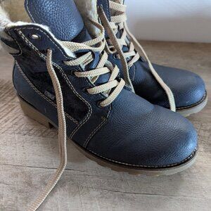 RIEKER | Blue & cream leather wool lined winter weather proof lace up ankle bout